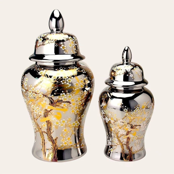 Sakura|Luxe Silver Chinoiserie Temple Jars