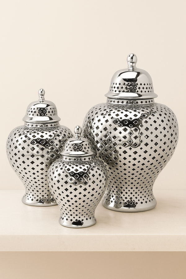 Jamil|Metallic Silver Cutwork Temple Jars