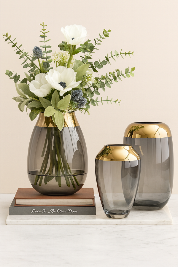 LUSTRE|Grey Glass Vase With Gold Rim