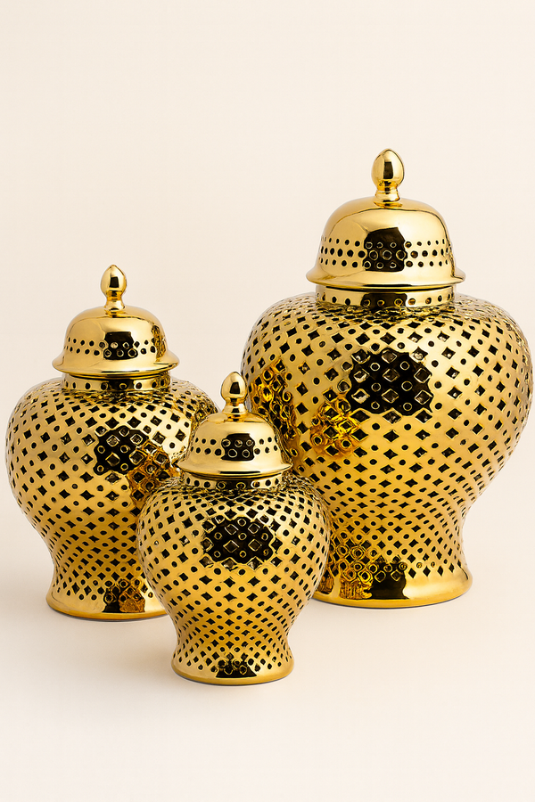 Noor|Metallic Golden Cutwork Temple Jars